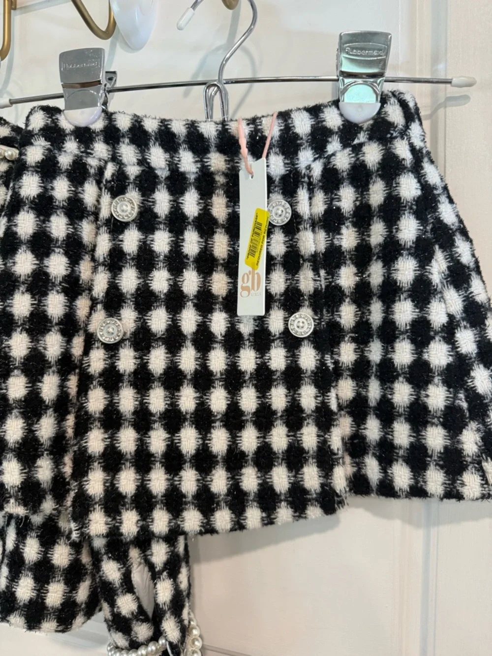 GB Girls Skirt Jacket Set Tweed 3T Black White Pearl Trim NWT
